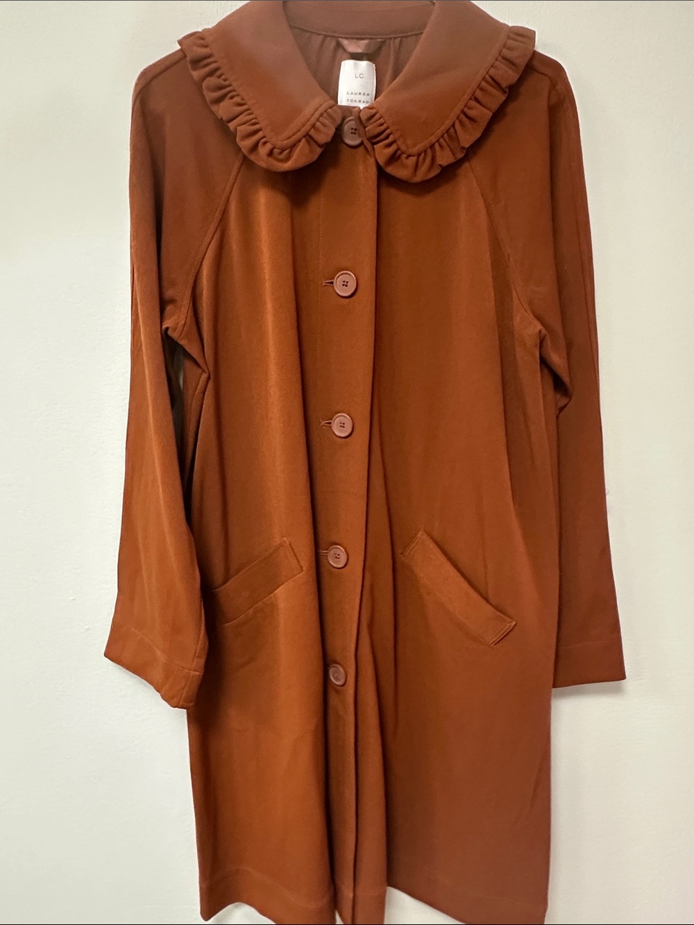 Lauren Conrad Ruffled Collar Long Coat in Rust